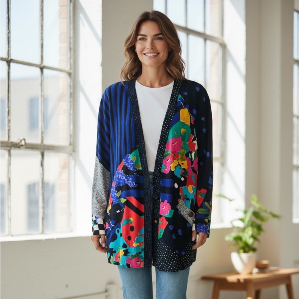 Carol Little Patchwork Vintage Jacket Size 4 Oversize 100% Rayon Long Sleeves - Picture 2 of 10